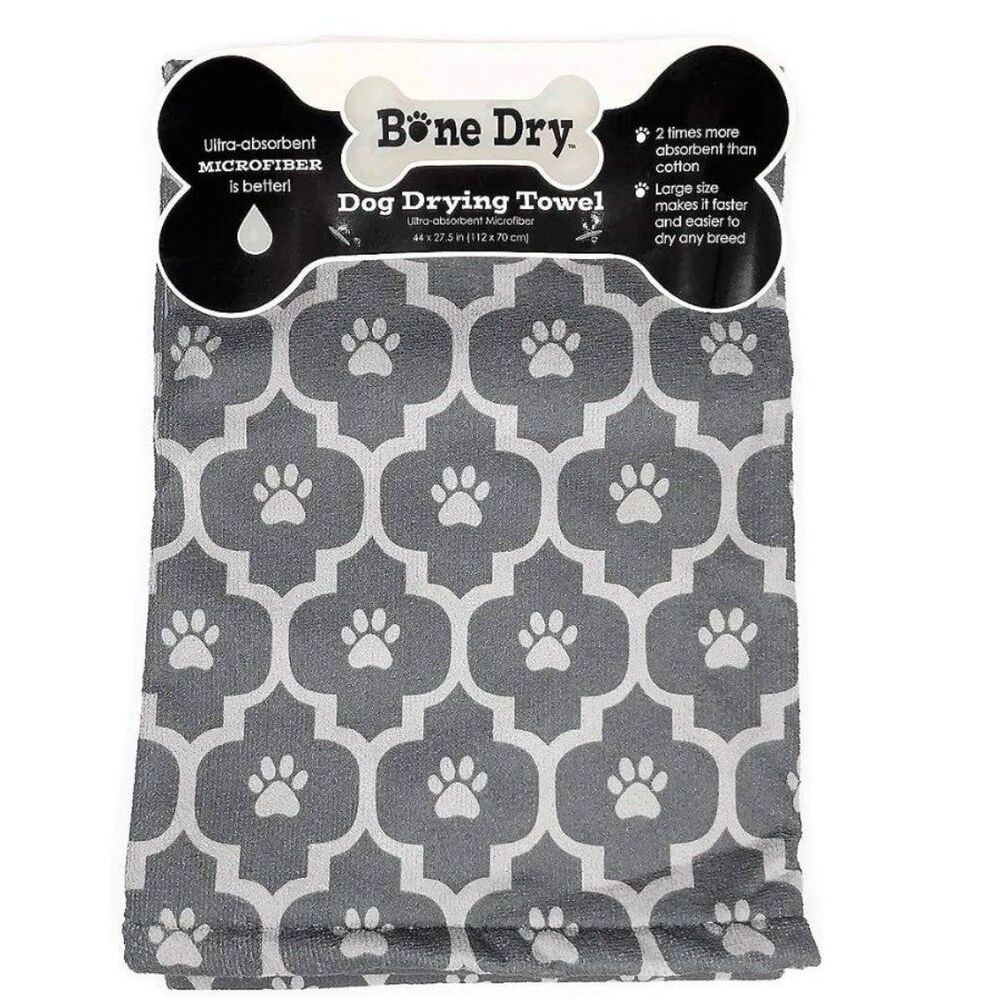 Excello Bone Dry Microfiber Dog Drying Towel - Grey Moroccan Print Pawprints